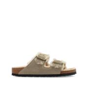 Schapenvacht Voering Open Teen Platte Schoenen Birkenstock , Brown , D...