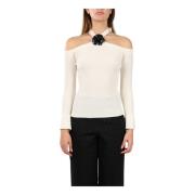 Geribbelde boothals top met rozenbroche Simona Corsellini , White , Da...