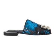 Blauwe Paillet Logo Slides Sandalen Dolce & Gabbana , Blue , Dames