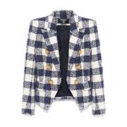 Blauw Tweed Gingham Check Jas Balmain , Blue , Dames