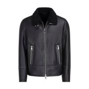 Zwarte leren Shearling-ritsjas Dondup , Black , Heren