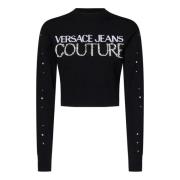 Zwarte Cropped Sweater met Geborduurd Logo Versace Jeans Couture , Bla...