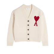 Merino Wol Cardigan met Hart Logo Ami Paris , Beige , Heren