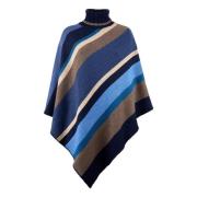 Blauwe, hooggesloten poncho voor dames met veelkleurige strepen Gallo ...