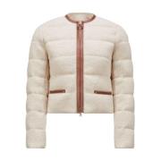 Beige Kort Donsjack met Leren Afwerking Moncler , Brown , Dames