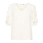 Elegante V-Hals Blouse met Halve Mouwen Kaffe , White , Dames