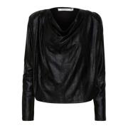 Zwarte Gedrapeerde Blouse met Lange Mouwen Gestuz , Black , Dames