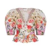 Witte Bloemen Pofmouw Top Camilla , Multicolor , Dames