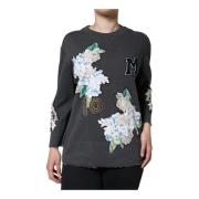 Bloemen Crewneck Sweater met Logo Details Dolce & Gabbana , Gray , Dam...