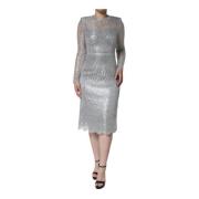 Zilveren Bloemenkant Sheath Midi Jurk Dolce & Gabbana , Gray , Dames