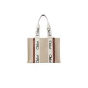 Woody Linnen en Leren Schoudertas Chloé , Beige , Dames