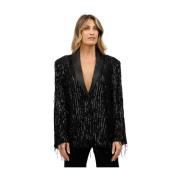 Pailletten fringe jas met satijnen revers MeiMeiJ , Black , Dames