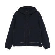 Blauwe Seersucker Hooded Jas Lichtgewicht Rits Emporio Armani , Blue ,...