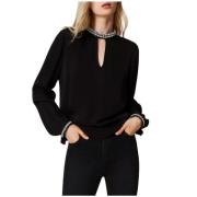 Crepe blouse met borduurwerk Twinset , Black , Dames