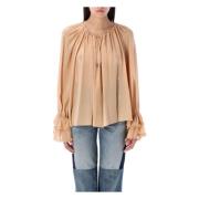 Zijden V-hals Gerimpelde Manchetten Top Chloé , Beige , Dames