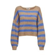 Cropped Knit Boatneck Sweater Macchiato/Blue Only , Multicolor , Dames