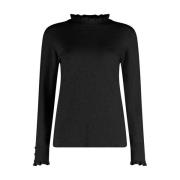 Geribbelde Mock Neck Pullover Bloomings , Black , Dames