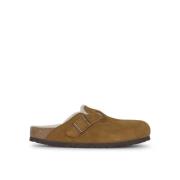 Shearling Suede Leer/Bont Platte Schoenen Birkenstock , Brown , Dames