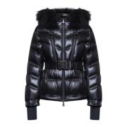 Zwarte Gewatteerde Donsjas met Nepbont Trim Moncler , Black , Dames