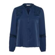 Navy Blazer Shirt met Kant Details Cream , Blue , Dames