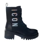 Leren en stoffen laars met logopatch Icon Denim , Black , Dames