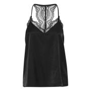 Elegante Fijne Kant Top in Pitch Black Cream , Black , Dames