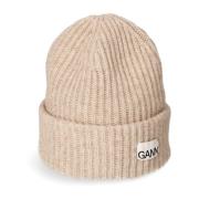 Gestructureerde rib muts van wolmix met logo Ganni , Beige , Unisex