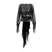 Zwarte Zijden Gedrapeerde Blouse met V-Hals Mugler , Black , Dames