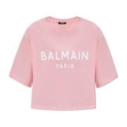 Korte T-shirt met bedrukt logo Balmain , Pink , Dames