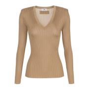 Geribbelde V-hals Sweater Bruin Elisabetta Franchi , Brown , Dames