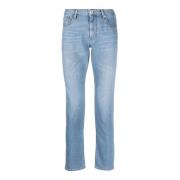 Lichtblauwe Denim Jeans met Leren Logo Emporio Armani , Blue , Heren