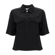 Twill blouse met juweelknoop Ganni , Black , Dames