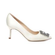 Witte Satijnen Pumps met Kristallen Gesp Manolo Blahnik , White , Dame...