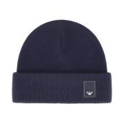 Navy Blauwe Geribbelde Beanie Muts Emporio Armani , Blue , Heren