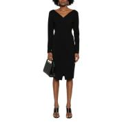 Zwarte V-hals Midi Jurk met Manchet Ritsen Fendi , Black , Dames