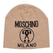 Logo Detail Double Question Mark Beanie Moschino , Beige , Heren