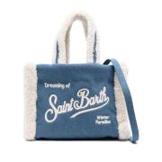 Blauwe denim schoudertas met imitatie schapenvacht details Saint Barth...