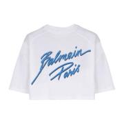 Geknipte T-shirt met flock Letter logo Balmain , White , Dames