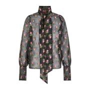 Bloemen Geborduurde Doorschijnende Organza Blouse Cras , Black , Dames