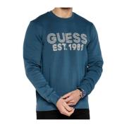 Blauwe Logo Print Trui Guess , Blue , Heren