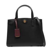 Zwarte Leren Schoudertas met Logo Tory Burch , Black , Dames