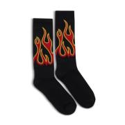 Flames Logo Sokken Zwart/Rood Katoenmix Palm Angels , Black , Heren