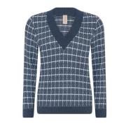 Geruite V-hals Pullover Indigo Trui Skovhuus , Blue , Dames