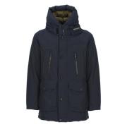 Blauwe Katoenmix Parka met Logo Capuchon Woolrich , Blue , Heren