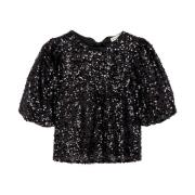 Paillet Top met Strikken, Korte Mouw My Jewellery , Black , Dames