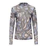 Blauw/Grijs Abstract Grafisch Mesh Blouse Kaffe , Multicolor , Dames