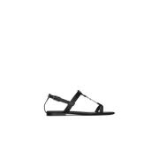 Platte Sandalen met Gouden Monogram Saint Laurent , Black , Dames