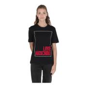 Geborduurd Bloemen Logo T-Shirt van Katoen Moschino , Black , Dames