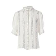 Georgette Mandarin Kraag Blouse met Ruches Fracomina , White , Dames