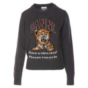 Tijger Grafische Crewneck Sweater Ganni , Gray , Dames